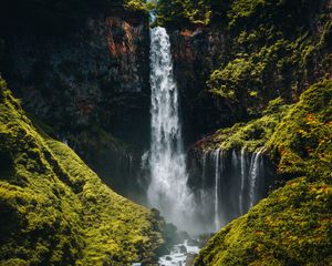 Preview wallpaper waterfall, cliff, rocks, stones, moss