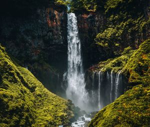 Preview wallpaper waterfall, cliff, rocks, stones, moss