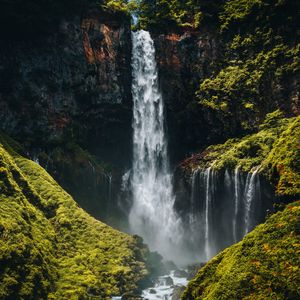 Preview wallpaper waterfall, cliff, rocks, stones, moss