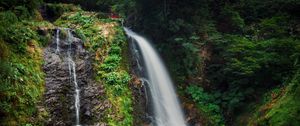 Preview wallpaper waterfall, cliff, rocks, trees, landscape