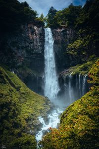 Preview wallpaper waterfall, cliff, rocks, trees, moss, landscape