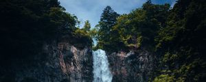 Preview wallpaper waterfall, cliff, rocks, trees, moss, landscape