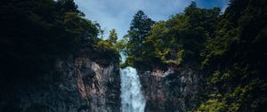 Preview wallpaper waterfall, cliff, rocks, trees, moss, landscape