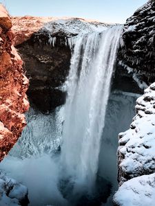 Preview wallpaper waterfall, cliff, rocks, snow, ice, frozen