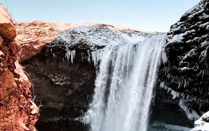 Preview wallpaper waterfall, cliff, rocks, snow, ice, frozen