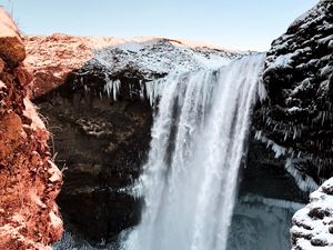 Preview wallpaper waterfall, cliff, rocks, snow, ice, frozen