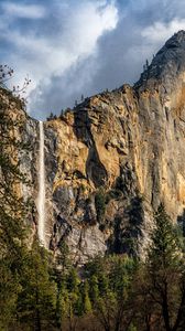 Preview wallpaper waterfall, cliff, rocks, trees, branches