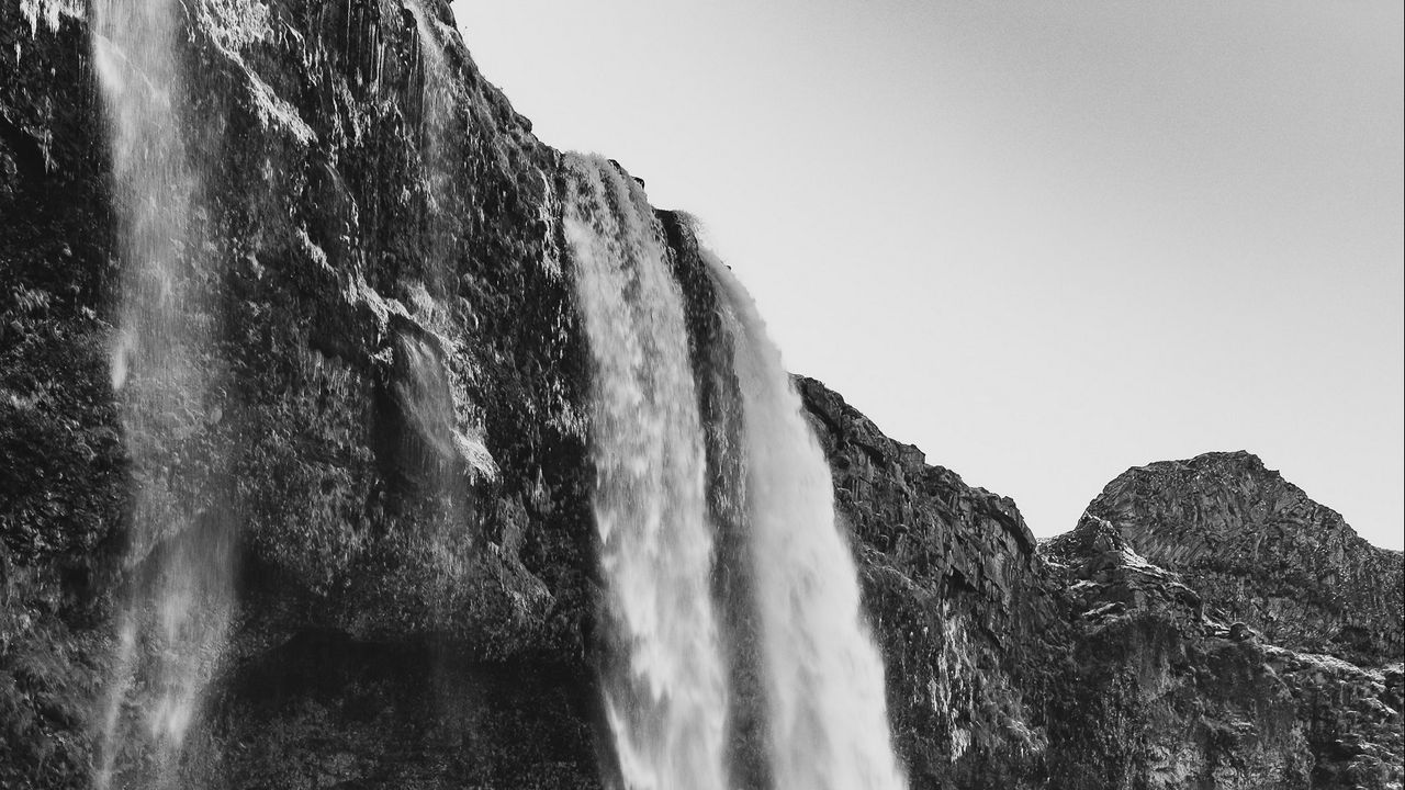 Wallpaper waterfall, cliff, rocks, black and white, nature