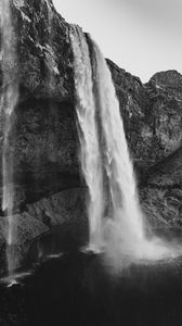 Preview wallpaper waterfall, cliff, rocks, black and white, nature