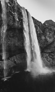 Preview wallpaper waterfall, cliff, rocks, black and white, nature