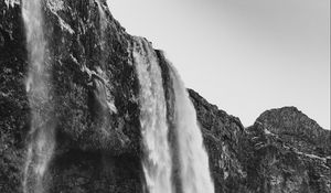 Preview wallpaper waterfall, cliff, rocks, black and white, nature