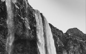 Preview wallpaper waterfall, cliff, rocks, black and white, nature