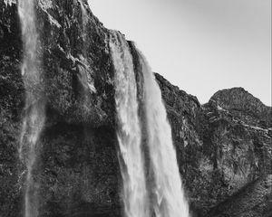 Preview wallpaper waterfall, cliff, rocks, black and white, nature