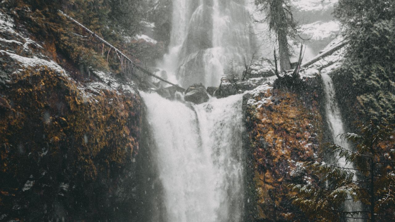 Wallpaper waterfall, cliff, snow, winter, nature