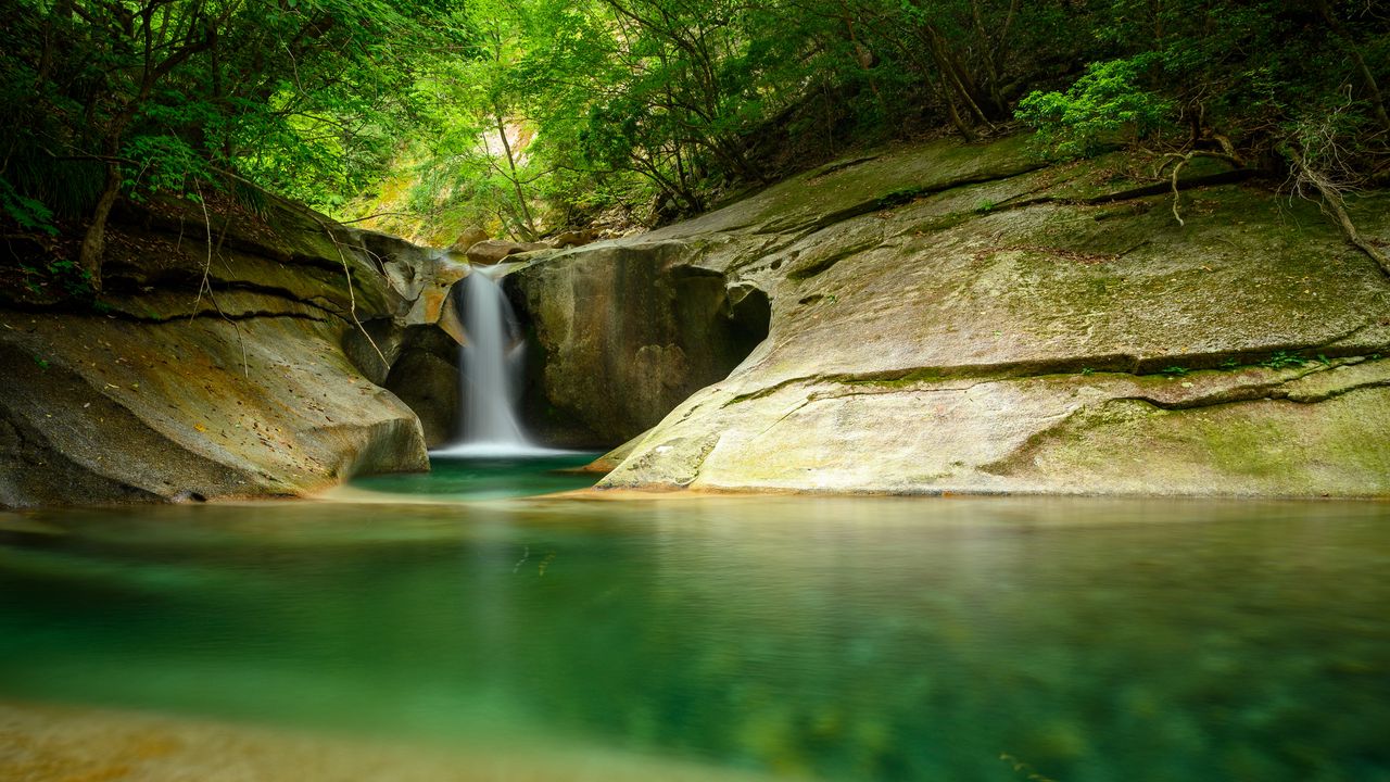 Wallpaper waterfall, cliff, stone, water, trees, forest