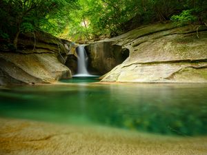 Preview wallpaper waterfall, cliff, stone, water, trees, forest