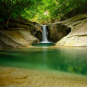 Preview wallpaper waterfall, cliff, stone, water, trees, forest