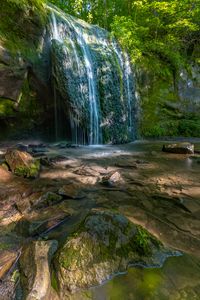 Preview wallpaper waterfall, cliff, stones, river, water