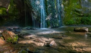 Preview wallpaper waterfall, cliff, stones, river, water