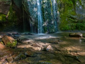 Preview wallpaper waterfall, cliff, stones, river, water