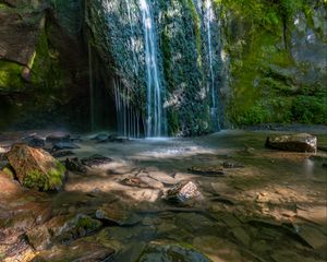 Preview wallpaper waterfall, cliff, stones, river, water