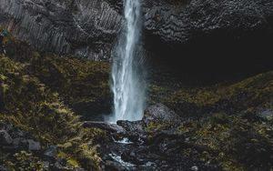 Preview wallpaper waterfall, cliff, stones, water, spray