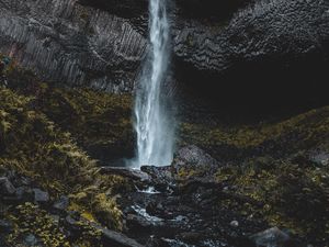 Preview wallpaper waterfall, cliff, stones, water, spray