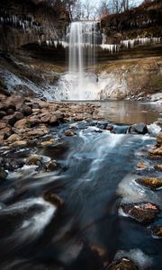 Preview wallpaper waterfall, cliff, stones, water, ice