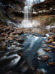 Preview wallpaper waterfall, cliff, stones, water, ice