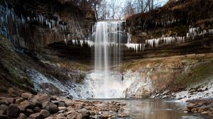 Preview wallpaper waterfall, cliff, stones, water, ice