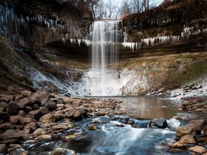 Preview wallpaper waterfall, cliff, stones, water, ice