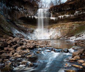 Preview wallpaper waterfall, cliff, stones, water, ice