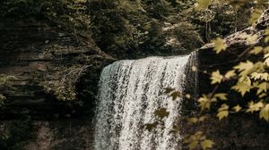 Preview wallpaper waterfall, cliff, stream, forest, nature