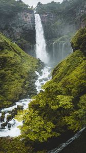 Preview wallpaper waterfall, cliff, trees, stones, nature, landscape