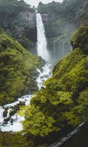 Preview wallpaper waterfall, cliff, trees, stones, nature, landscape