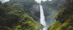 Preview wallpaper waterfall, cliff, trees, stones, nature, landscape