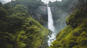 Preview wallpaper waterfall, cliff, trees, stones, nature, landscape