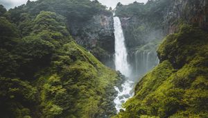 Preview wallpaper waterfall, cliff, trees, stones, nature, landscape