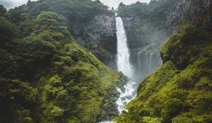 Preview wallpaper waterfall, cliff, trees, stones, nature, landscape