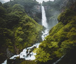 Preview wallpaper waterfall, cliff, trees, stones, nature, landscape