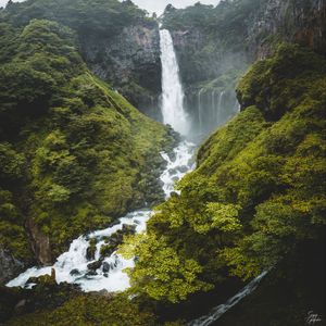 Preview wallpaper waterfall, cliff, trees, stones, nature, landscape