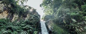 Preview wallpaper waterfall, cliff, trees, bushes, vegetation