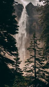 Preview wallpaper waterfall, cliff, trees, water, rock
