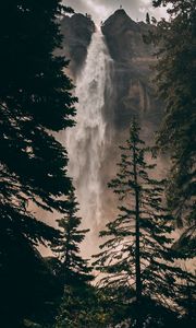 Preview wallpaper waterfall, cliff, trees, water, rock