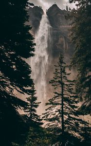 Preview wallpaper waterfall, cliff, trees, water, rock