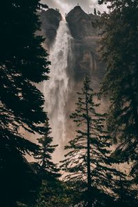 Preview wallpaper waterfall, cliff, trees, water, rock