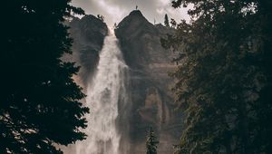Preview wallpaper waterfall, cliff, trees, water, rock
