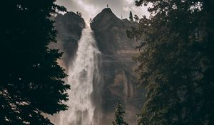 Preview wallpaper waterfall, cliff, trees, water, rock