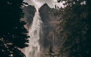 Preview wallpaper waterfall, cliff, trees, water, rock