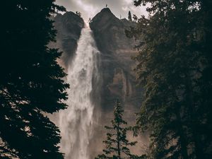 Preview wallpaper waterfall, cliff, trees, water, rock